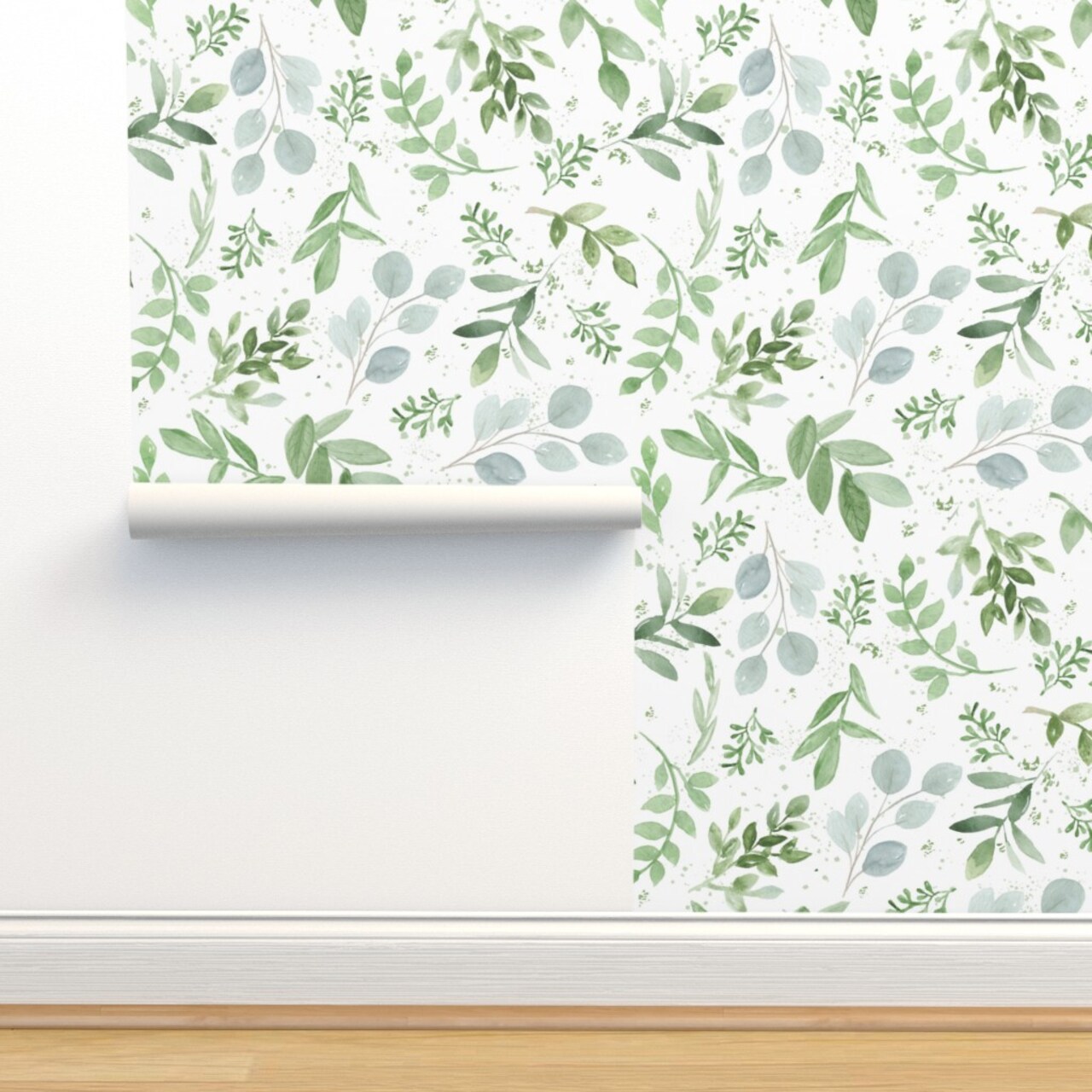Watercolor Leaves Pattern Eucalyptus Sage Green Greenery Custom Removable Wallpaper by Spoonflower Peel & Stick Wallpaper 2FT Wide